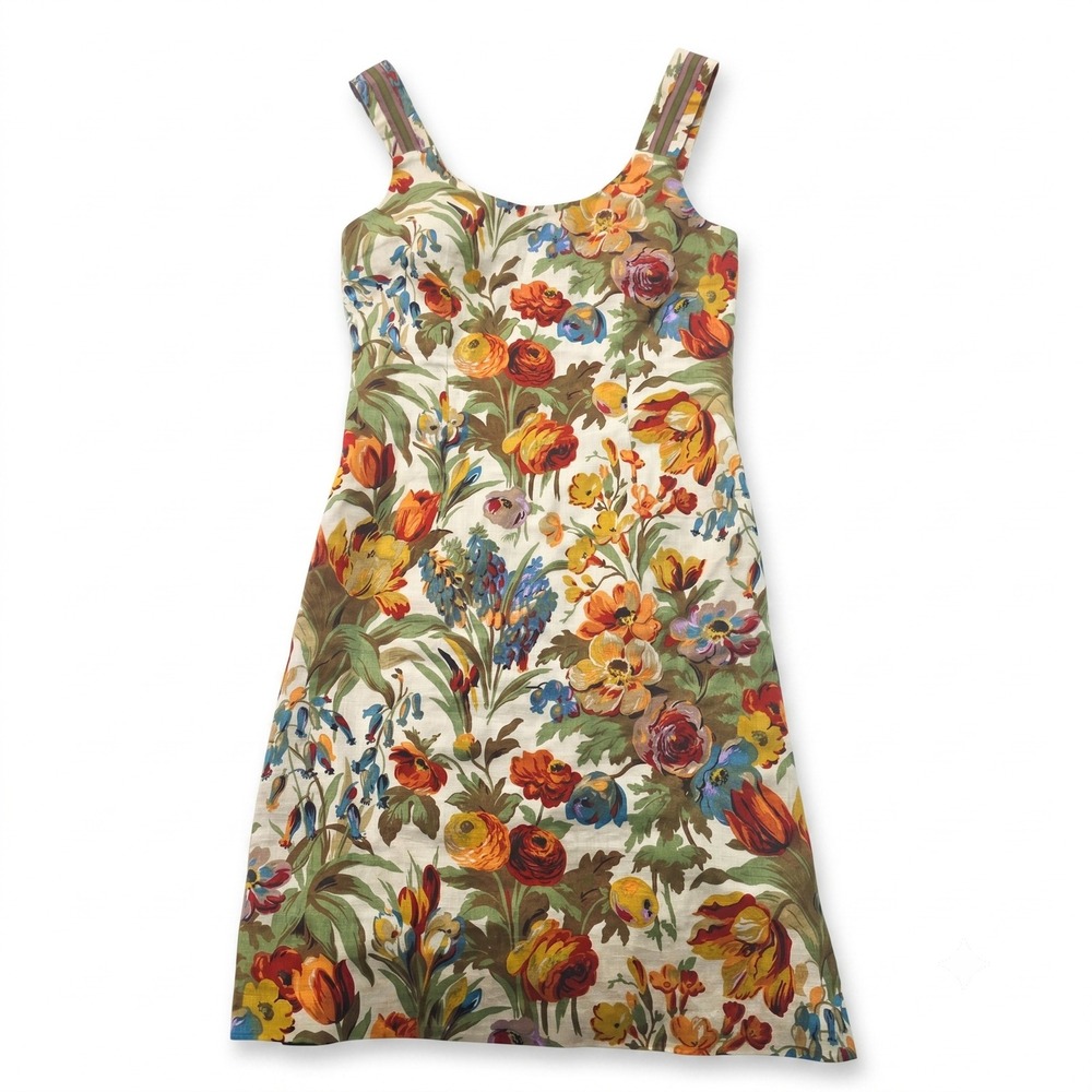 Peruvian Connection Linen Floral Sheath Dress 4 Small Natural Beige Tulip Rose